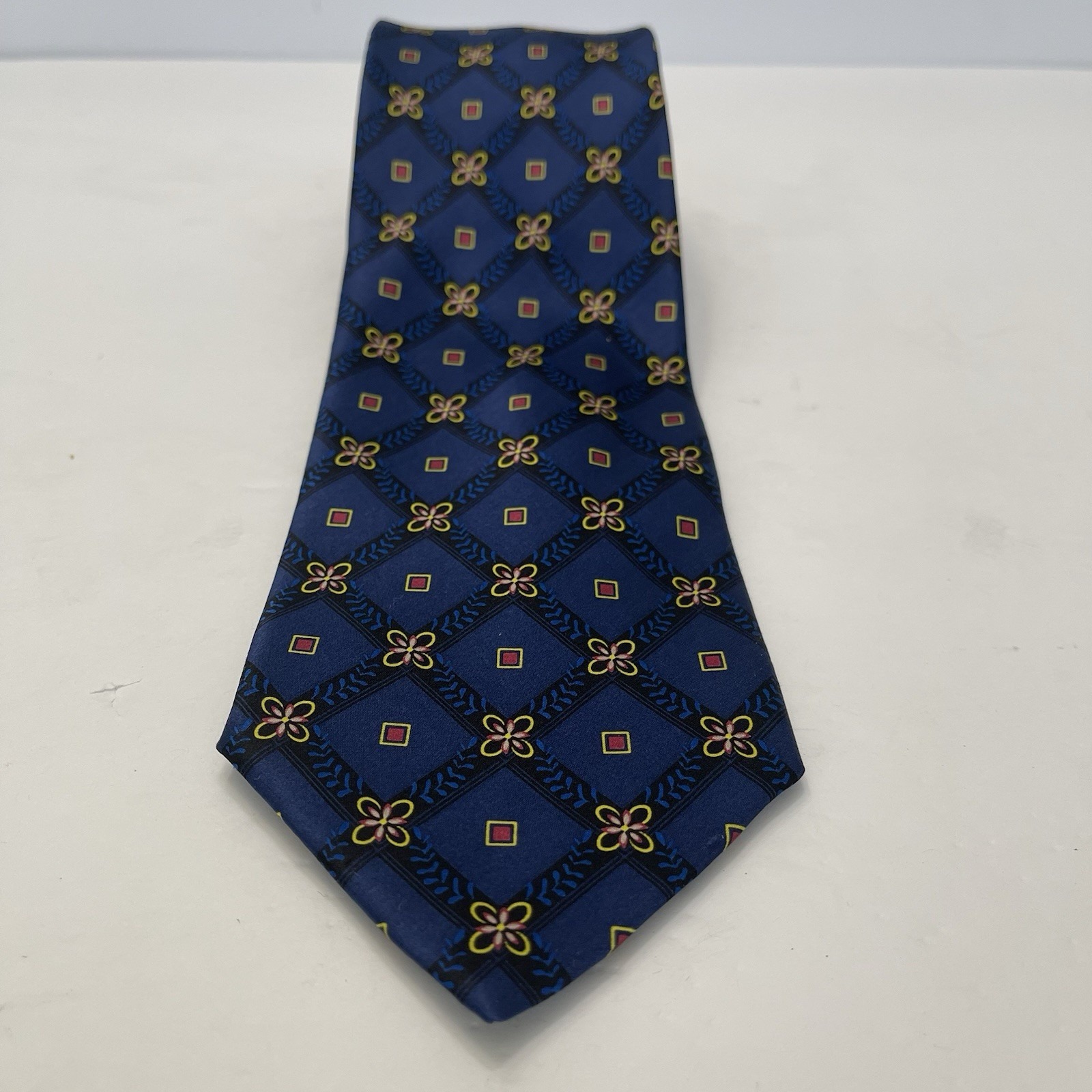 Jos A Bank Blue Lattice Red Floral Silk Tie 3.5" Wide